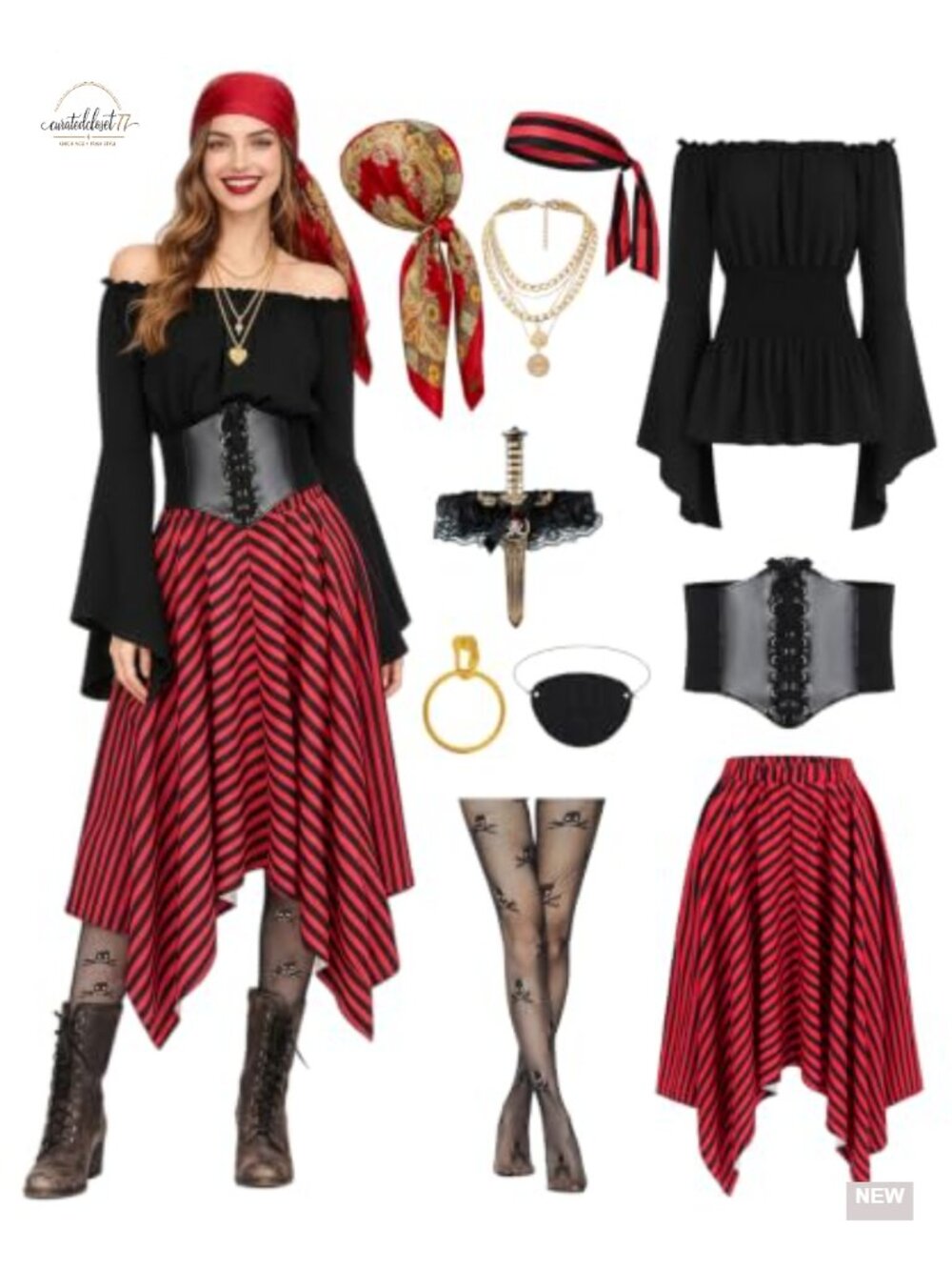 Women's Pirate Costume Set with Skirt, Shirt & Accessories
